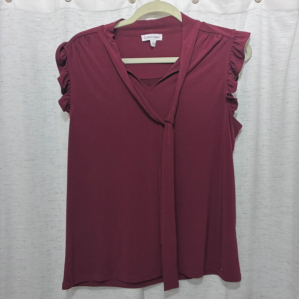 Calvin Klein Womens Burgundy Ruffle Sleeve Tie Neck Blouse Top Large L